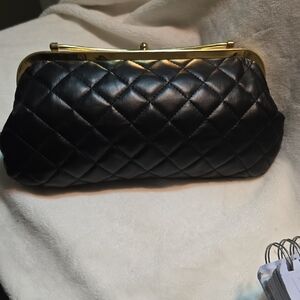 Black Quilted Clutch with Gold Frame